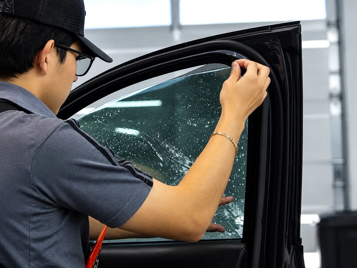 Careful alignment and edge finishing during window tint installation
