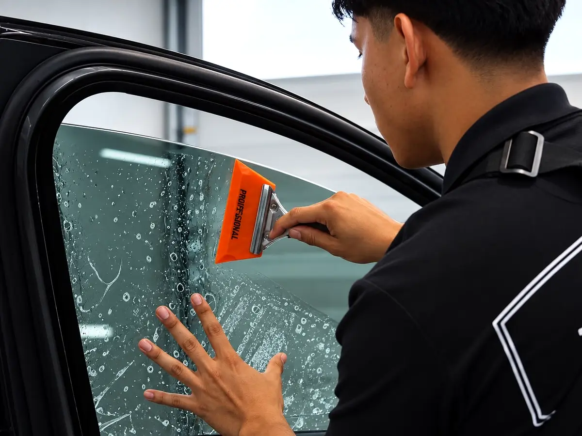 Irving carefully installing window tint by hand