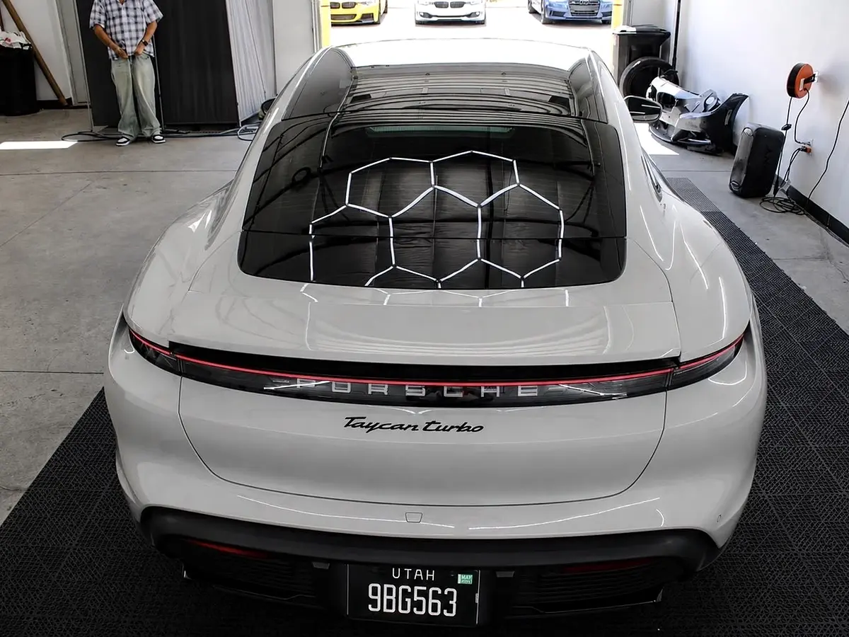 Rear view of white Porsche Taycan