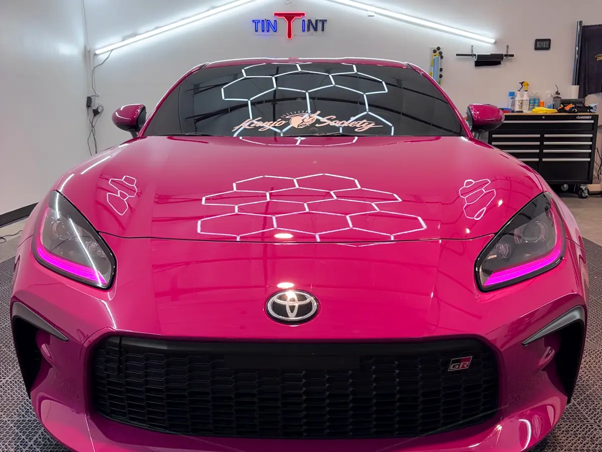 Front view of pink Subaru BRZ full wrap