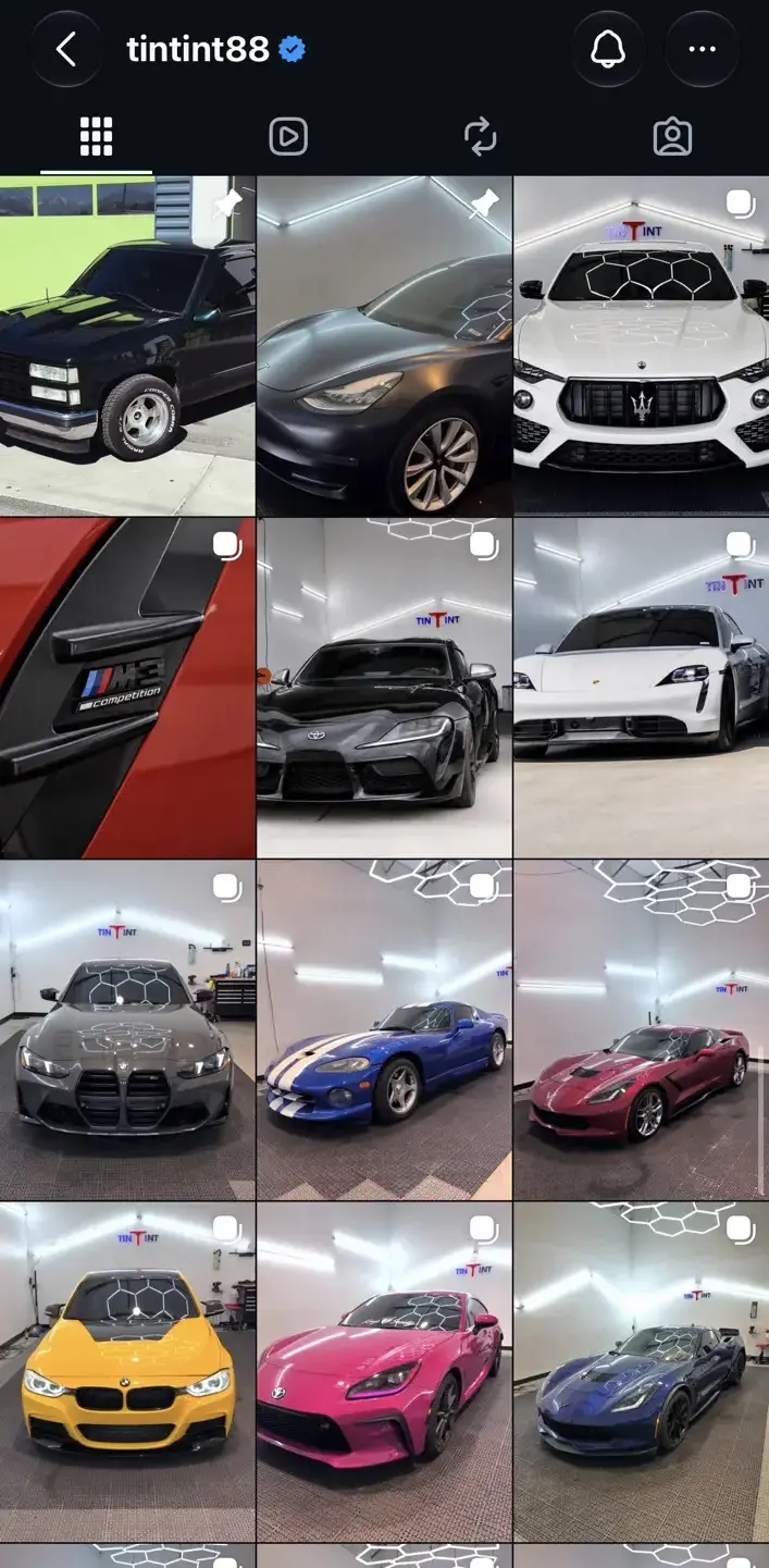 Grid of recent tint, wrap and automotive styling projects on the TinTinT Instagram account