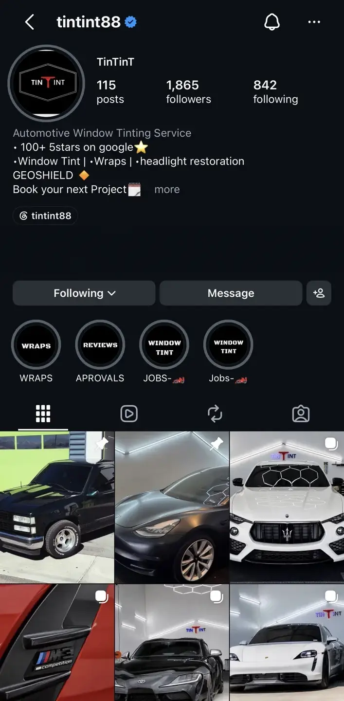 TinTinT Instagram profile showing services, reviews and recent vehicle work